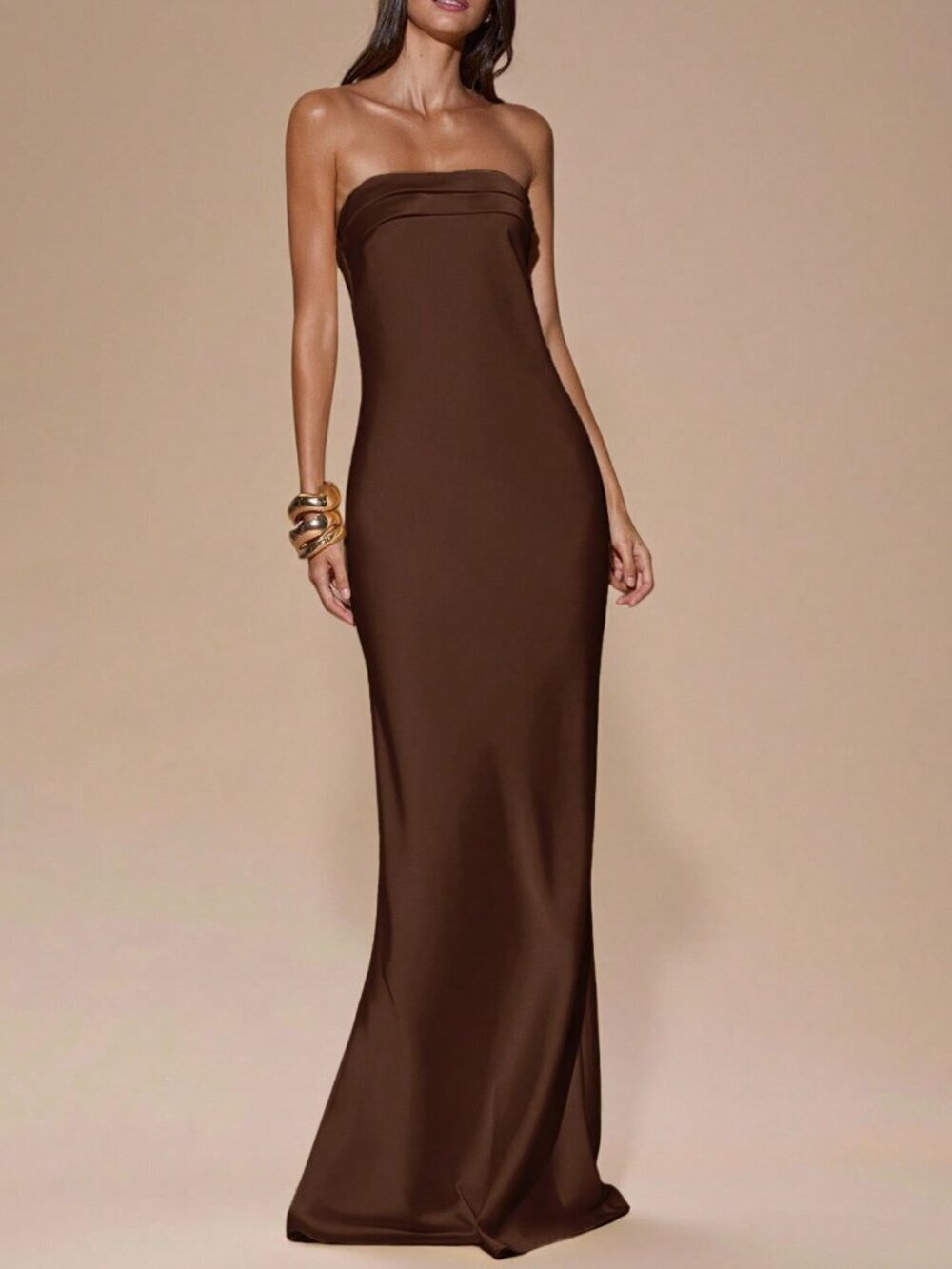 Coffee Brown Sexy Women's Minimalist Strapless Backless Tie-Up Fishtail Dress